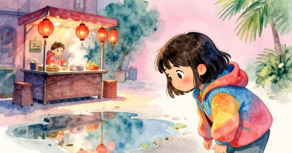 Mira蹲下觀看水坑中映出熱氣食物攤，眼神充滿驚喜，雨後街道與柔和燈光呈現夢幻城市景象。