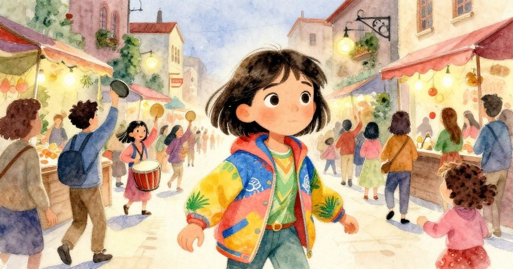 Mira穿越熙攘市集，背景隨著夕陽漸暗鼓聲變化，眾人與燈火交織，突顯時光流轉的韻律。