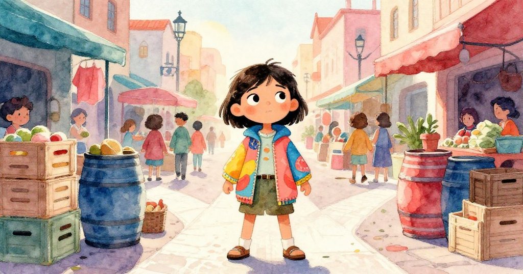 Mira在貨箱與木桶間的十字路口果斷選擇通道，臉上展現決心，背景市集細節豐富且動感十足。