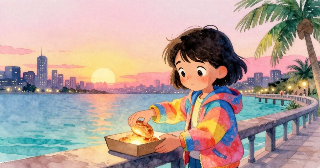 Mira在夕陽映照下的碼頭，小心放入熱點心，踏上燈火閃爍的路徑，背景城市剪影與溫馨夜色展現圓滿結局。