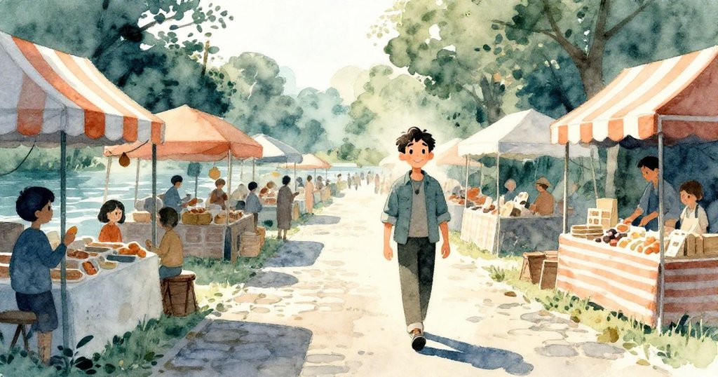 Milo走在河畔市集上，穿著輕便衣服；市集背景有彩色帳篷、河水和柔和光線，充滿期待與溫暖氣氛。