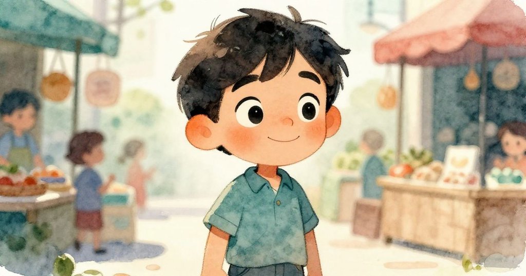 Milo臉部特寫，神情充滿期待與興奮，背景隱約呈現市集街景與柔和光線，表情生動。