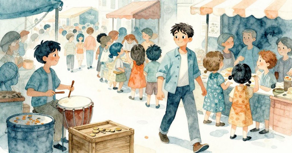 Milo在熱鬧市集排隊中穿梭，背景有鼓手、木箱及散落硬幣，層次豐富呈現忙碌情景與急切心情。