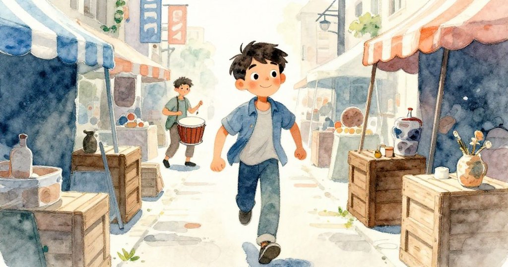 Milo在狹窄市集小徑中巧妙閃避木箱與鼓手，專注追尋蒸汽中香氣，環境明亮且富有動感。