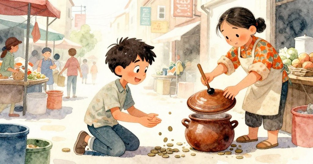 Milo蹲下撿拾散落硬幣時，攤販正用木匙調整碰撞鍋蓋，兩人默契合作，場景充滿溫暖市集氣氛。