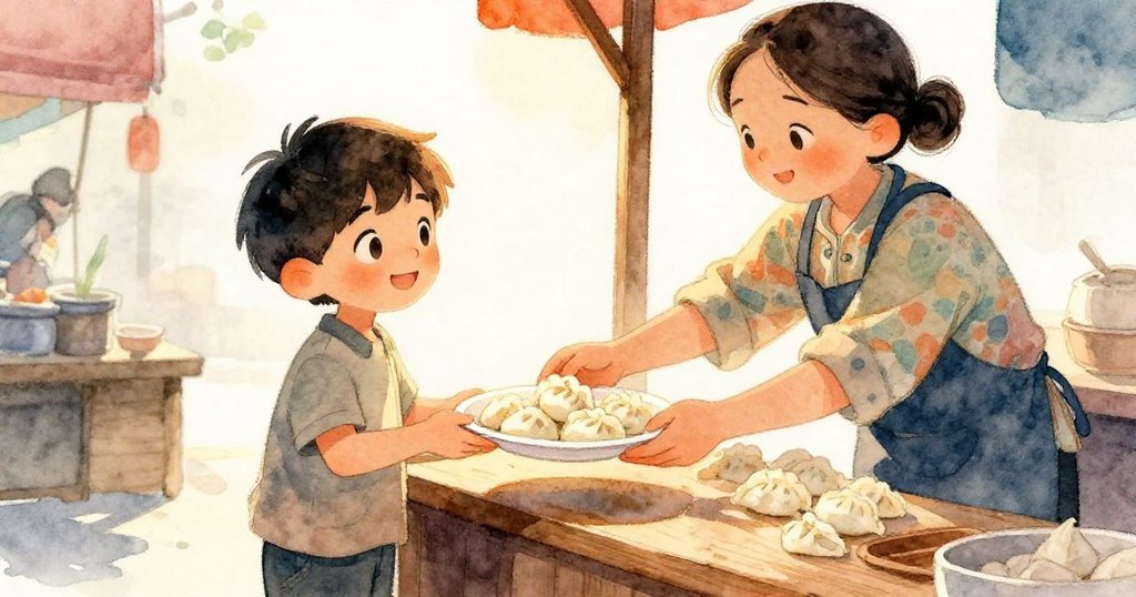 金色暮光下，攤販在木桌前將多一個餃子小心放上Milo的紙盤，Milo神情滿足且感激，氛圍溫暖而充滿關懷。