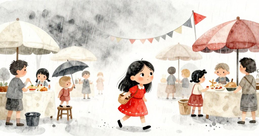 雨が激しく降り出し、人々が即席の避難場所に集まる中、マリアが集中して行動する姿と濡れた旗が風に揺れる様子が描かれている。