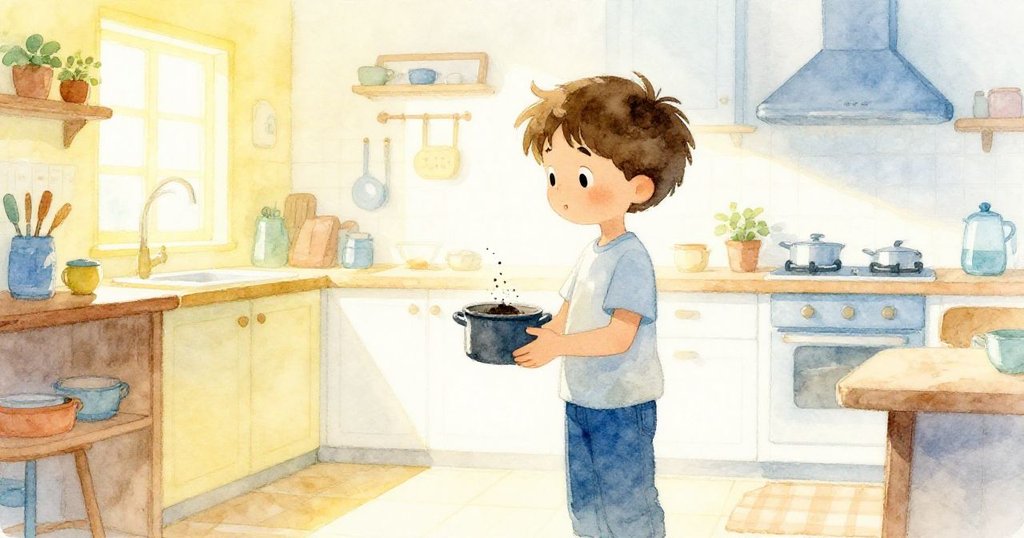 本在明亮溫馨的廚房中站立，手持小盆，手指沾滿泥土，臉上流露著期待與好奇，溫暖光線灑滿全場。