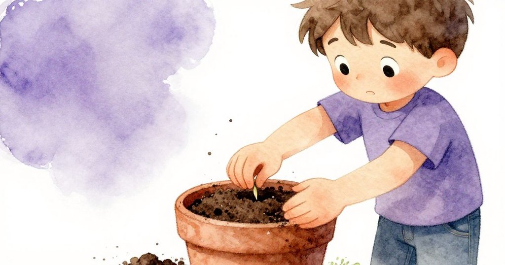 本專注地將新鮮泥土倒入小盆，特寫呈現他細膩的雙手與土壤質感，盆中靜靜等待著一顆小種子。