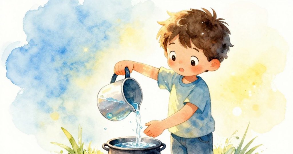 本輕輕地從小壺中倒入清水，低角度捕捉他充滿驚奇的目光與專注神態，陽光點綴著溫暖廚房。