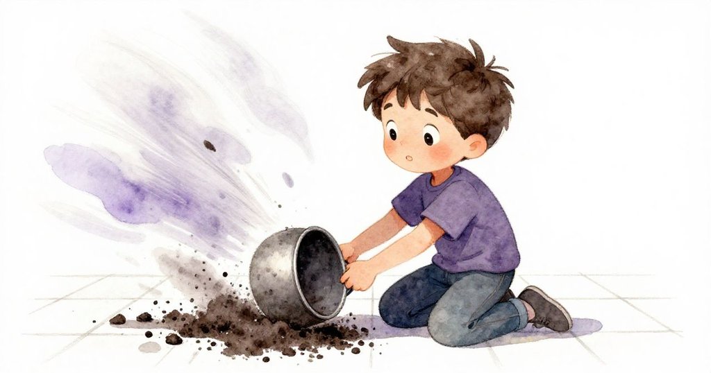 一陣突如其來的微風掀翻了盆子，深色泥土灑落在瓷磚上，本迅速跪下整理，臉上顯露驚訝與堅定的神情。