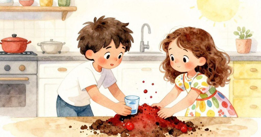 米婭手提水杯走進溫暖廚房，與本一同整理重建泥土小墩，互相協助共享希望，畫面洋溢著溫馨與團結。