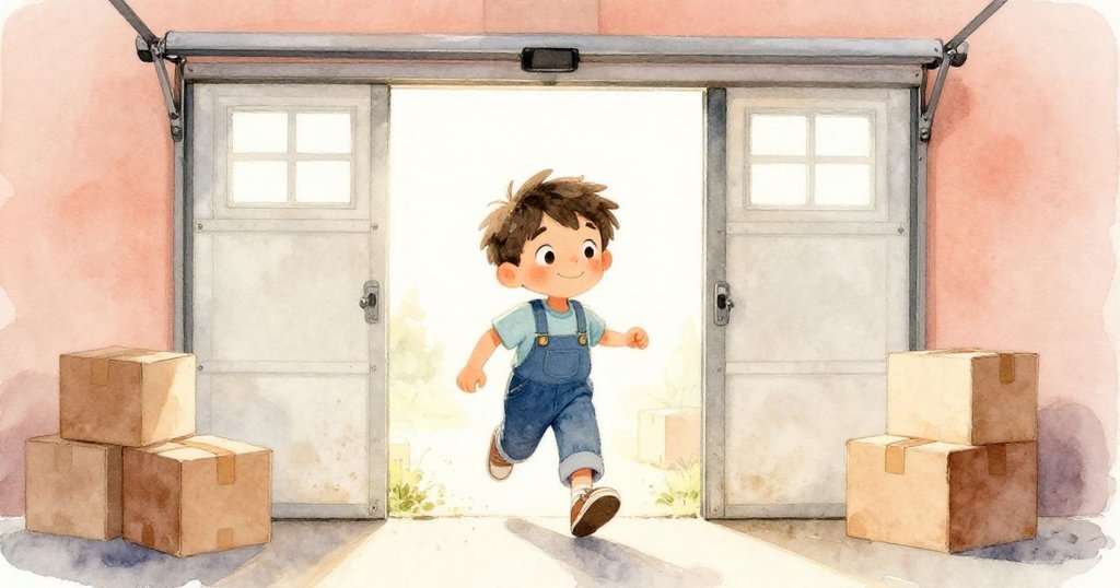 山姆在明亮的早晨穿過打開的車庫大門,迎向散落著舊紙箱的車庫內部,神情充滿期待與決心,開始他的清潔冒險。