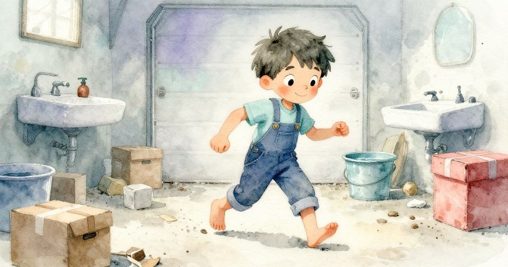 山姆在塵土飛揚的車庫裡小心地行走,他的腳步留下一串印痕,桶中水映襯著老水槽,充滿決心與專注。