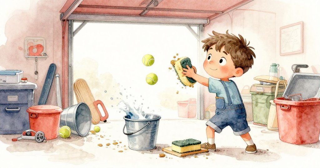 山姆一邊用海綿擦拭滿佈灰塵的木板,一邊回頭注視,發現一顆網球滾向傾倒的水桶,瞬間發生意外,充滿驚訝與動感。