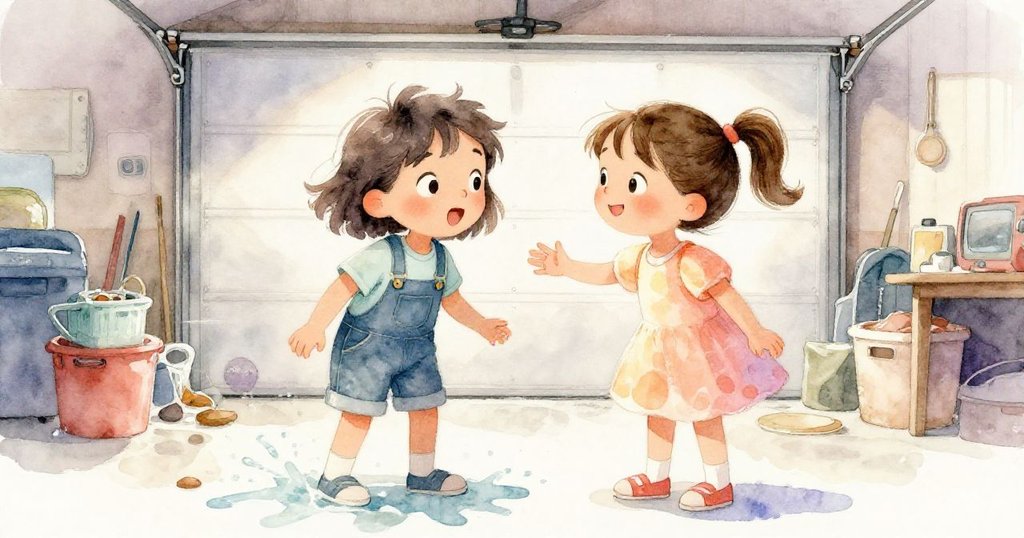 米婭進入車庫,目光驚奇被水花吸引,一邊滑倒時山姆快速握住她的手,兩人共享驚險後的溫馨微笑,情感真摯。