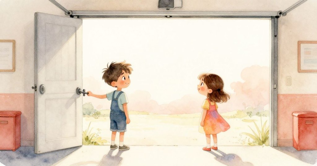 整理完畢後山姆與米婭一同走到車庫門前,山姆鎖上車庫門,兩人望向明亮的外界,神情充滿成就與對未來冒險的期待。