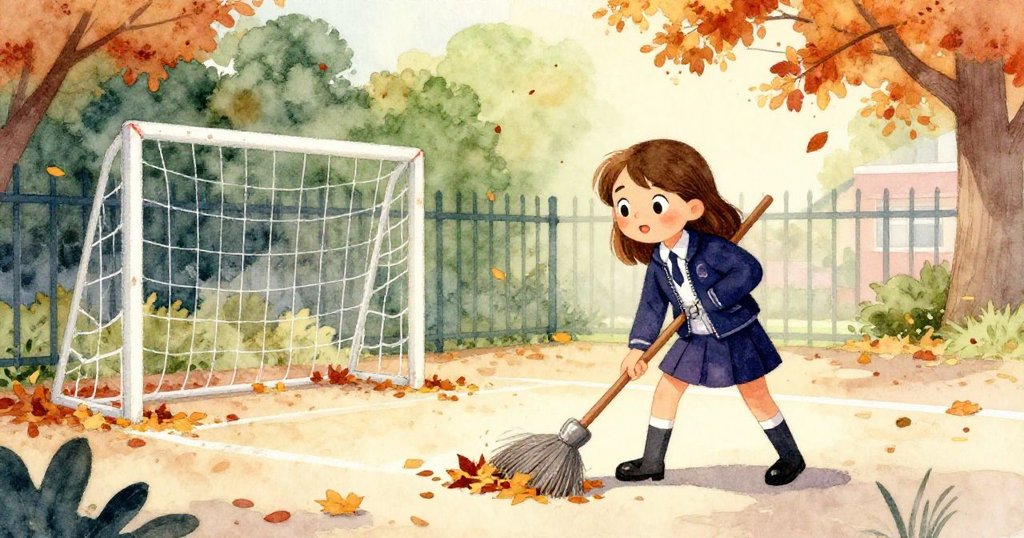 米婭在學校庭院裡揮舞著大掃帚，掃落葉至牆邊粉筆劃出的曲線目標外，秋日陽光灑下，她神情專注且充滿期盼。