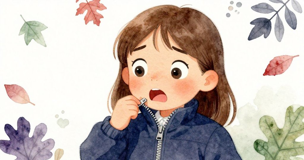 米婭近景展示驚訝與略痛表情，金屬拉鍊意外擦傷下巴，背景中隱約可見飛舞落葉與學校牆壁，情感豐富。