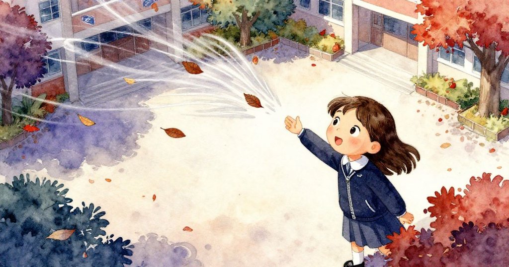 從高處俯瞰，米婭站在落葉紛飛的庭院中，金色與紅色葉片隨風飛舞，環境充滿動態與秋意。