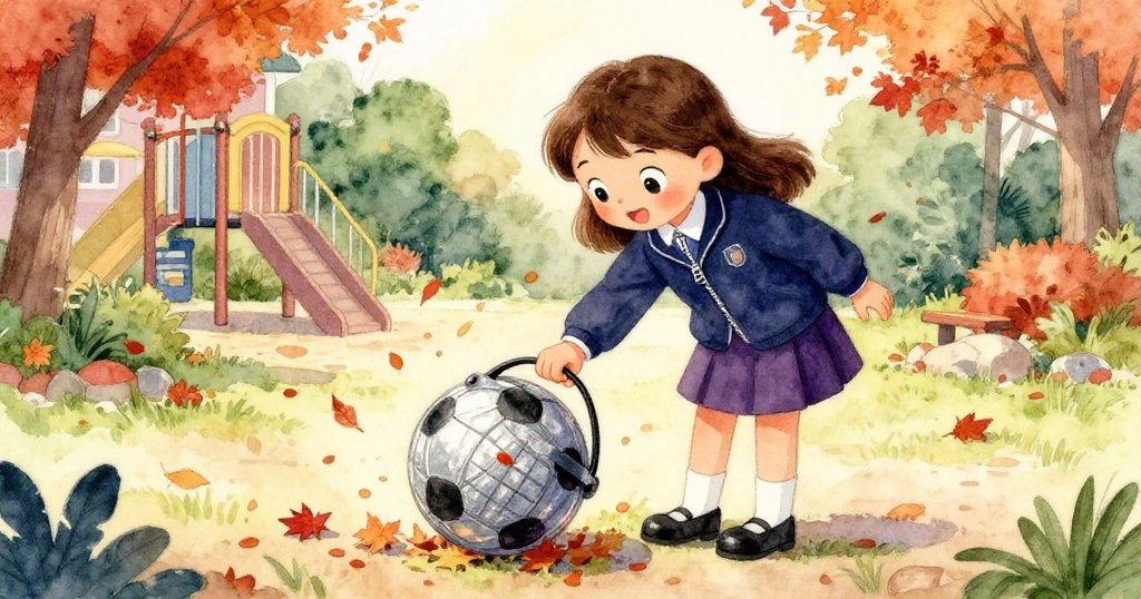 米婭俯身觀察並輕輕傾倒存放球的籃子，周圍落葉紛飛，她眼中閃現出靈感與決心，秋意濃郁。