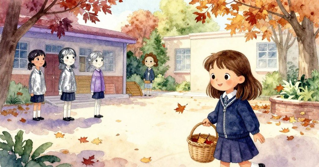 米婭滿懷微笑站於寧靜庭院，最後一片落葉輕落於堆中，柔和午後光線灑下，呈現圓滿與安靜的時刻。