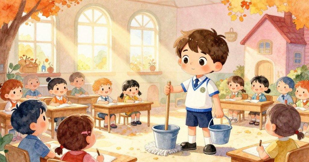 Liam在鄉村教室中整理工具，背景有好奇同學與美術用品，陽光灑落，氛圍活潑且充滿期待。