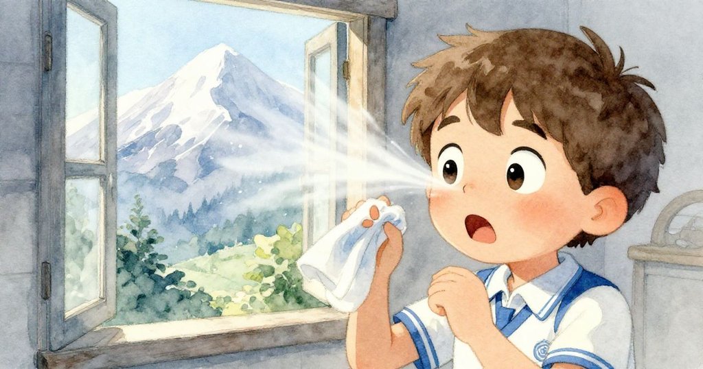 Liam在教室內驚訝看向開著的窗戶，清涼山風猛然吹進令他眼睛大睜，充滿驚異與不安。