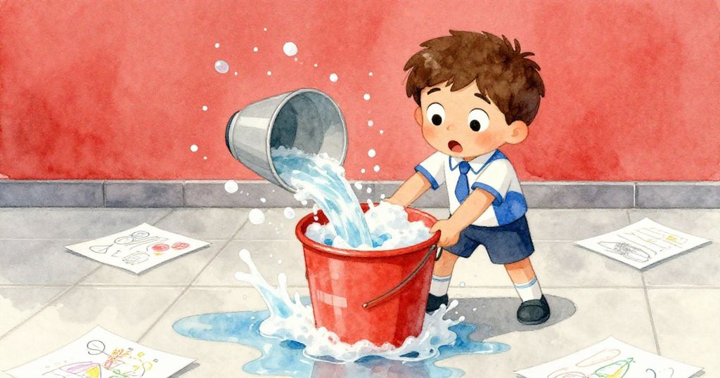 Liam目睹水桶傾倒濺起肥皂水，濕滑牆面映出散落圖畫，瞬間場面既驚險又生動。