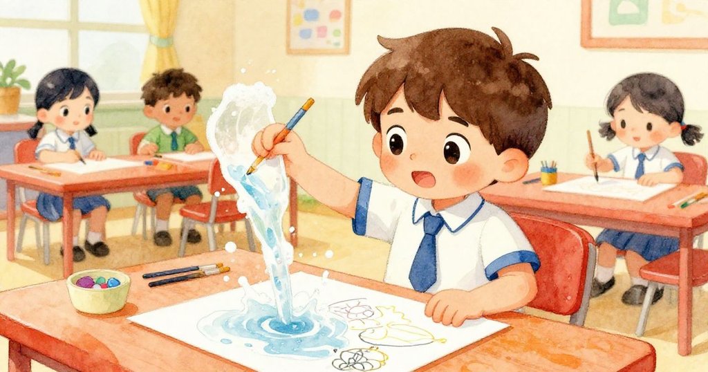 Liam急速拿起美術紙張，利用它擋住奔流的肥皂水，保護散落的圖畫，動作充滿決心與創意。