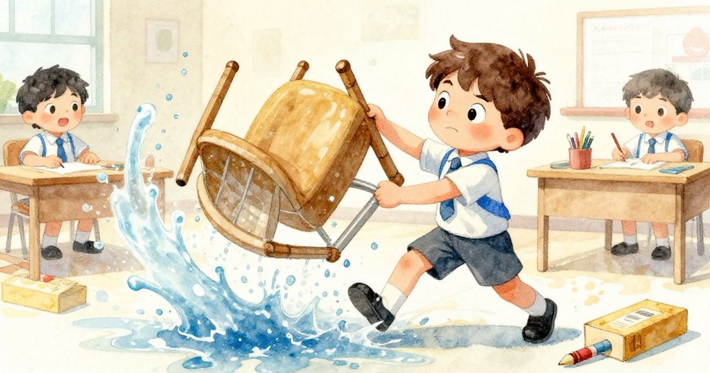 Liam果斷抬起傾倒的椅子阻擋水流，旁邊彩色蠟筆盒滑落，場面充滿緊迫感與果敢精神。