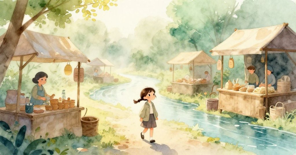 米拉提著薄素描本走進晨霧籠罩的河邊市場，木製攤位與水面映照柔和晨光，她滿懷期待展開創作旅程。