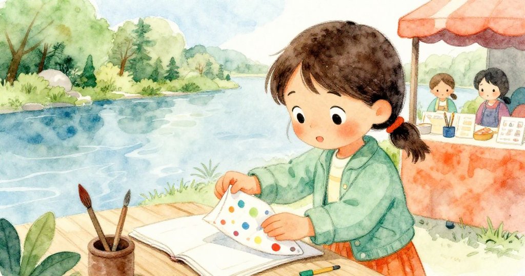 米拉在市場角落小心整理沾彩餐巾，旁邊擺有畫筆與素描本，象徵創意火花與堅持，神情專注溫柔。