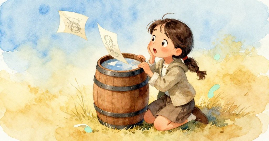 高角度俯視米拉跪在映藍天木桶旁，風翻動素描本頁，她神情驚訝，呈現突發狀況與脆弱細節。