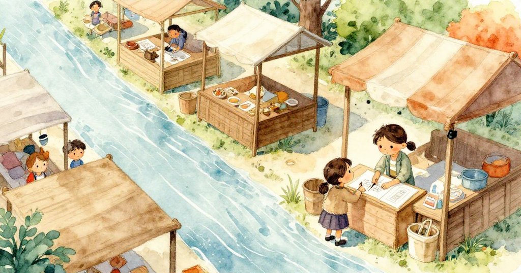 從高處俯瞰繁忙河邊市場，木攤與水花交織，米拉角落中專注創作，市場生命力十足，情景豐富。