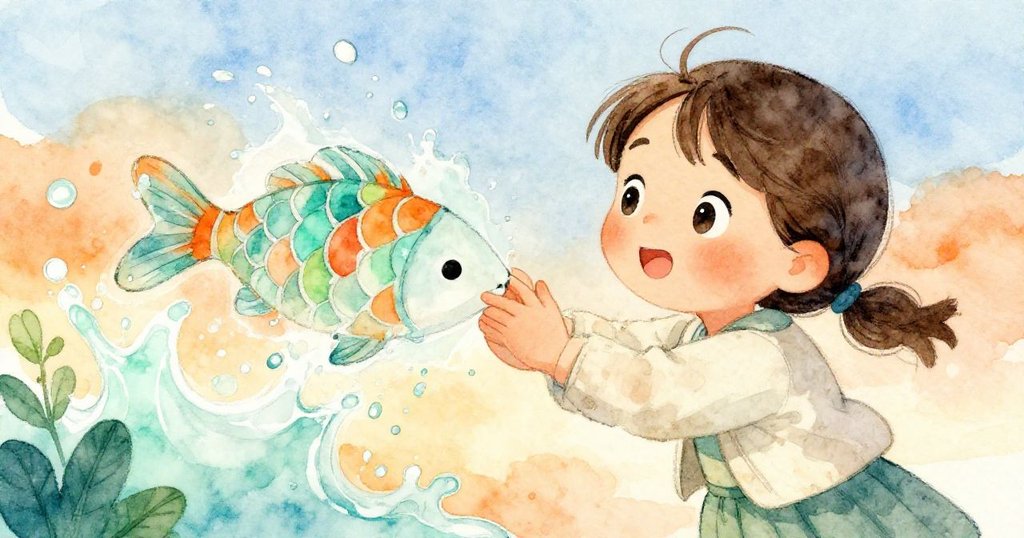 米拉驚喜發現水與醋混合形成魚鱗圖案，近距離展示她驚奇與堅定表情，轉危為機創作新意。