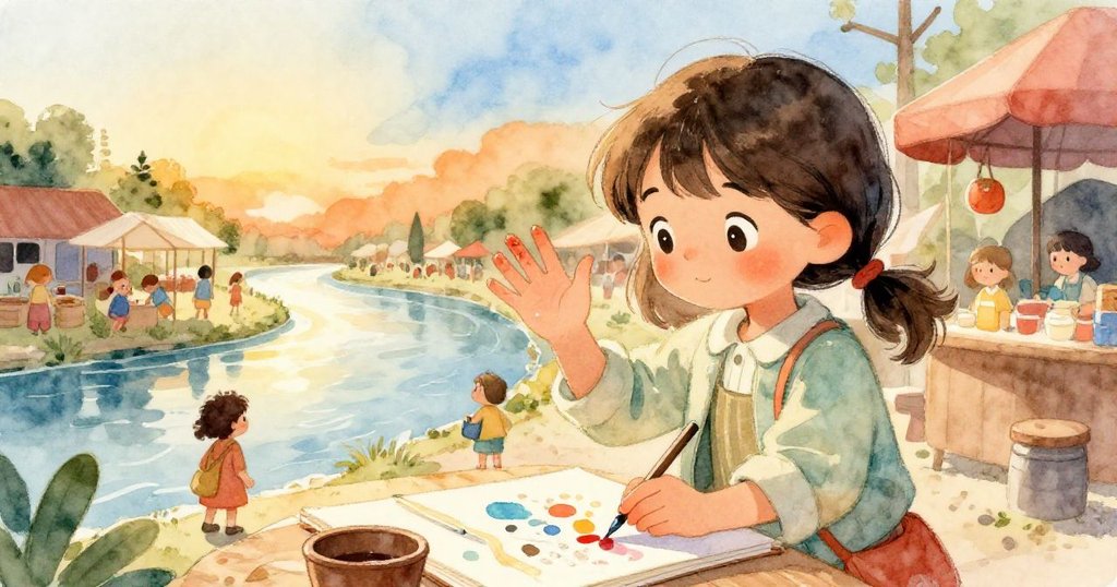 米拉合上素描本，在暖陽中手指沾滿顏料，向熱鬧河邊市場揮手告別，滿懷成就與滿足情緒。