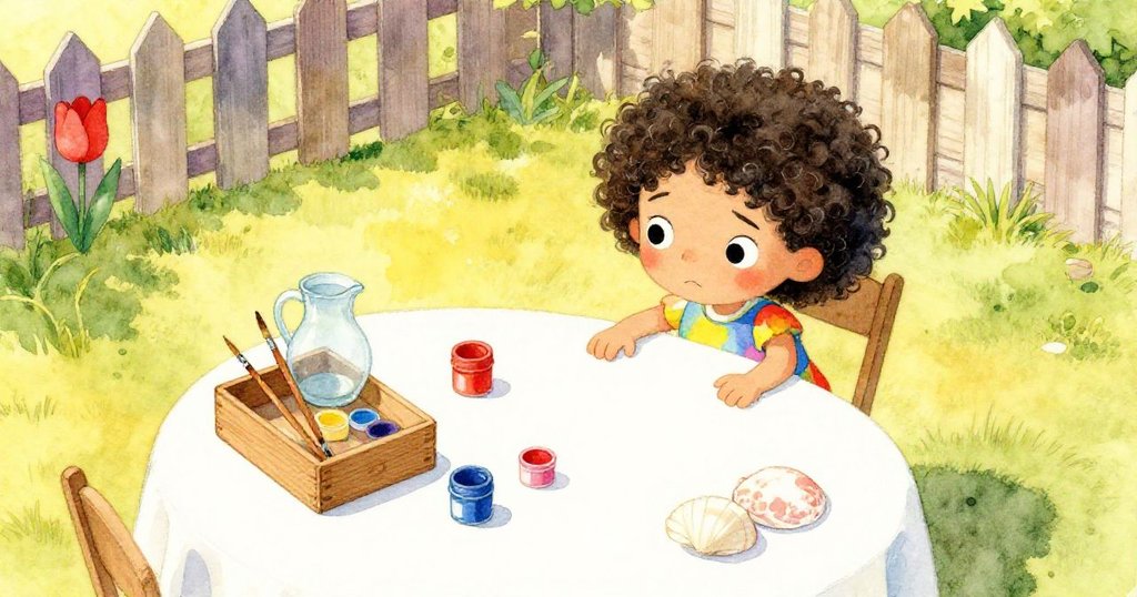 米拉在後院桌上擺放木箱和畫具，陽光明媚，紅色鬱金香和貝殼點綴，充滿期待與溫暖氣氛。