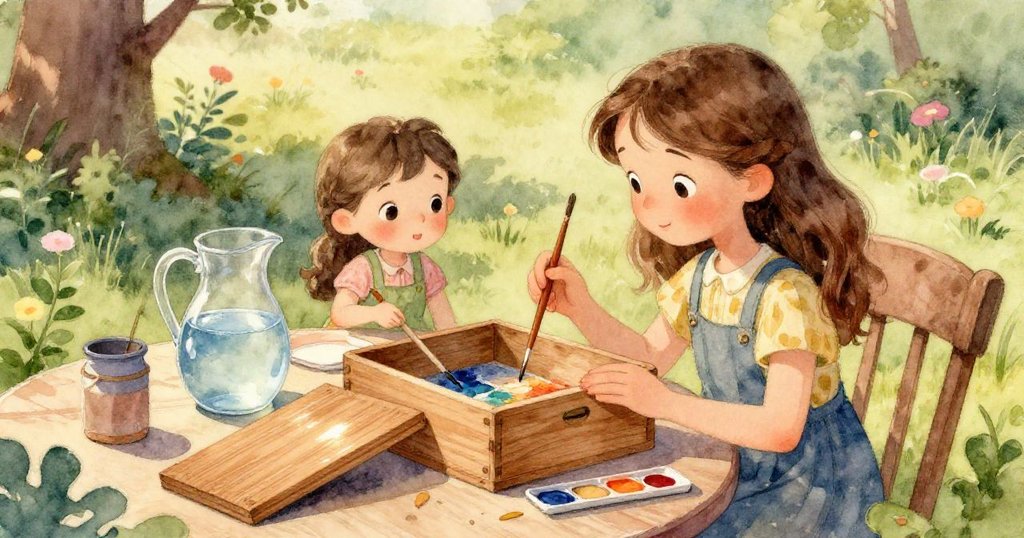 米拉細緻的雙手正整理刷具與調色盤，玻璃中蘊含清水，伴隨著激發靈感的貝殼，專注而溫柔。