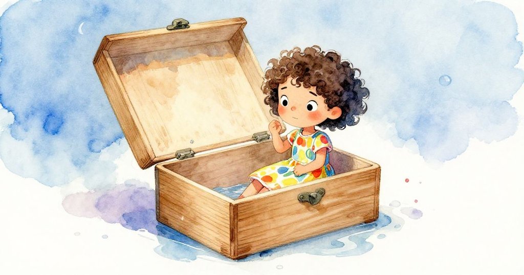 米拉凝視著初步完成的畫作，水漬中映出畫面細節，自然和創作奇妙融合，充滿好奇與期待。