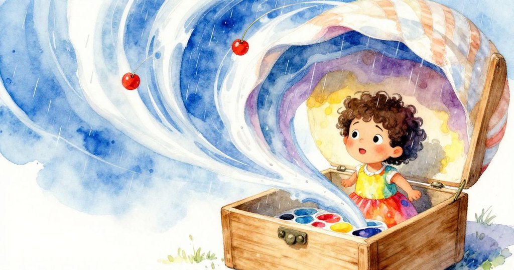 雨水突襲桌上的木箱，顏料隨水流舞動，形成優美的螺旋曲線，呈現自然與藝術交織的奇幻場面。