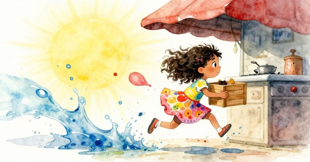 米拉急速奔向廚房遮雨的長椅，雙手穩握著傾斜木箱引導流動畫跡，表情專注又充滿決心。