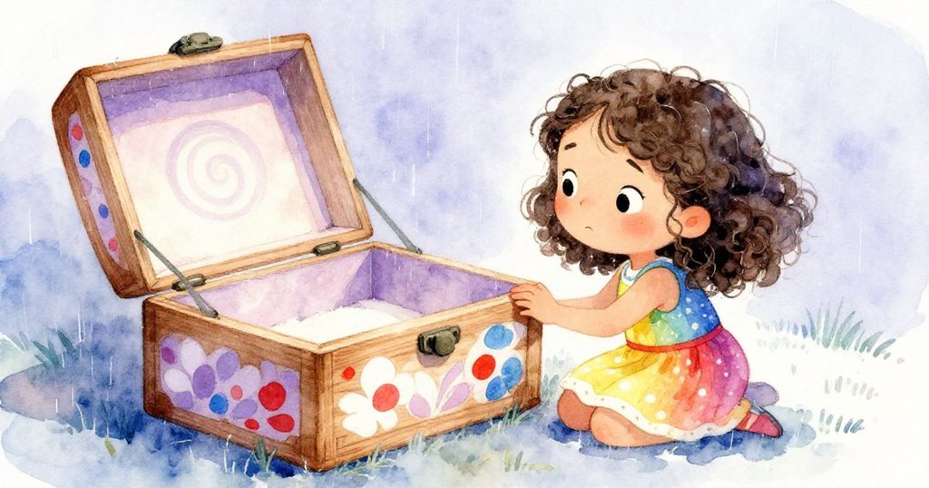 雨後寧靜，米拉靜立在長椅旁欣賞木箱上宛如鬱金香花瓣與柔和螺旋的精美畫作，表情滿足平和。