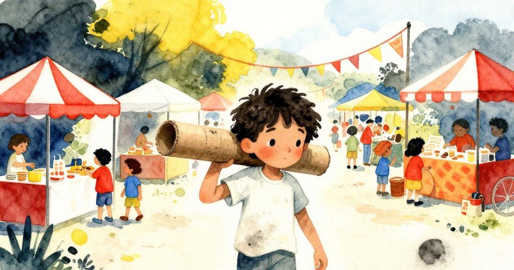 馬泰歐背著紙板筒走進熱鬧河畔集市,陽光普照,四周有攤販和飄揚橫幅,神情充滿好奇