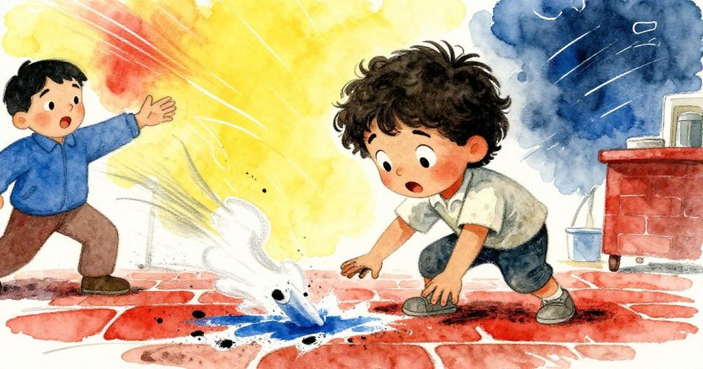 馬泰歐驚訝轉身,海報散落磚石間,志工急伸援手,風勢猛烈,畫面充滿動感