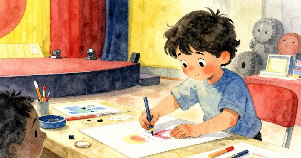 馬泰歐專注於整理展台海報,桌上有石塊和柔和粉彩背景,氛圍寧靜溫馨