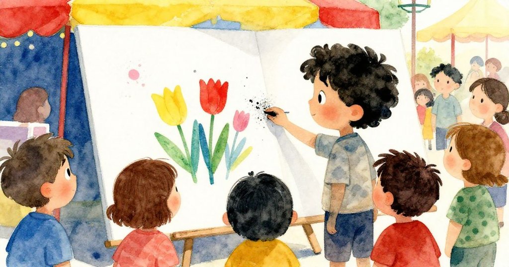 馬泰歐展示海報,周圍集市人群驚嘆讚賞,面帶喜悅,背景熱鬧鮮豔