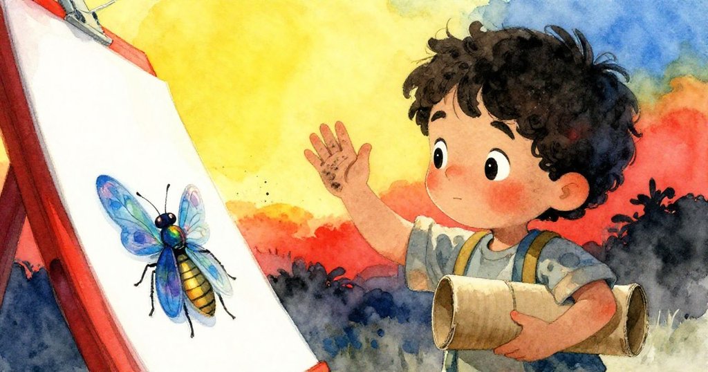 馬泰歐微笑揮手告別,手持紙板筒與海報,夕陽柔光中離開熱鬧集市,充滿溫馨懷舊