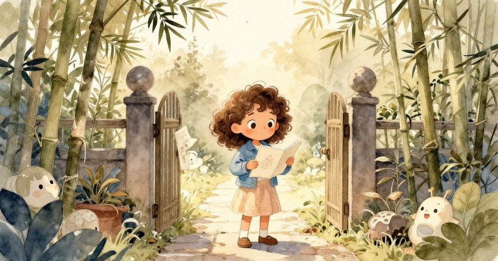 米拉在植物園大門前展開畫冊，欣賞竹林和石徑，眼中流露著好奇與期待情緒。