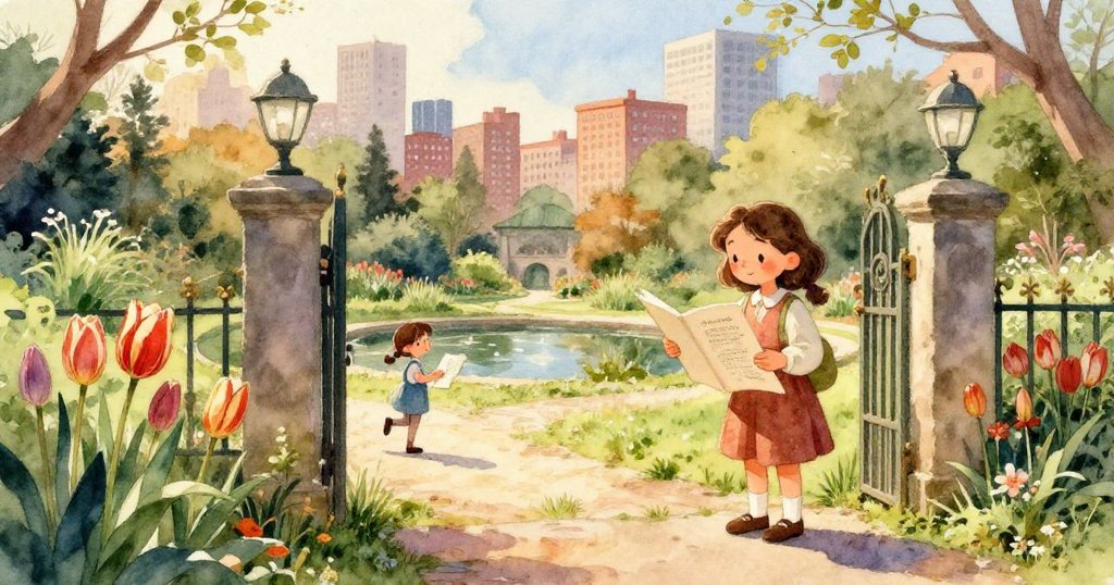 米拉注視著池塘邊的一朵條紋鬱金香，露水閃爍點綴花瓣，畫面細膩溫柔。